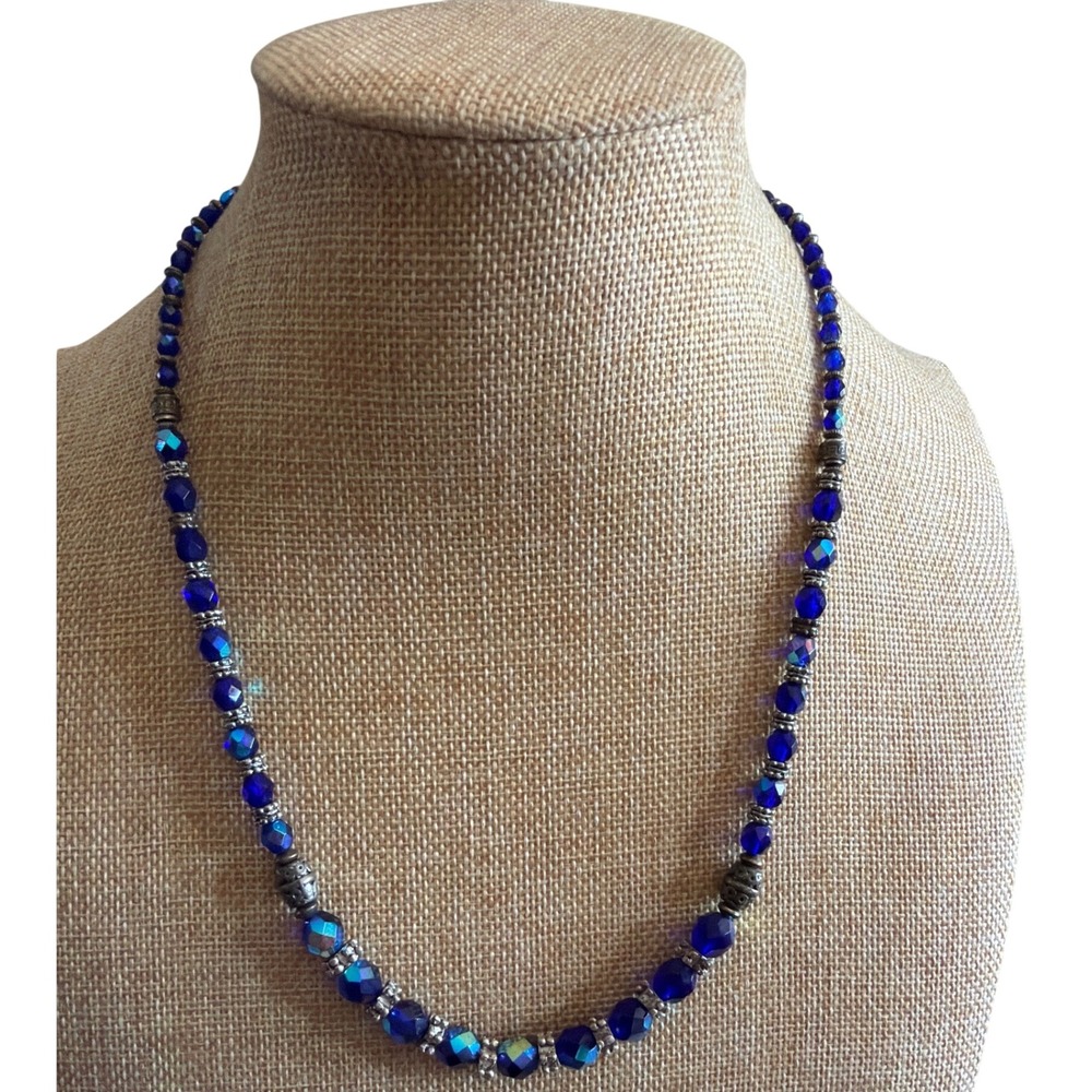Cobalt Blue Faceted Glass Beaded Necklace Iridescent AB Silver Tone